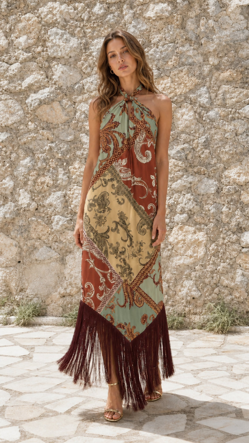 Front view of model wearing Green paisley halter fringe maxi dress