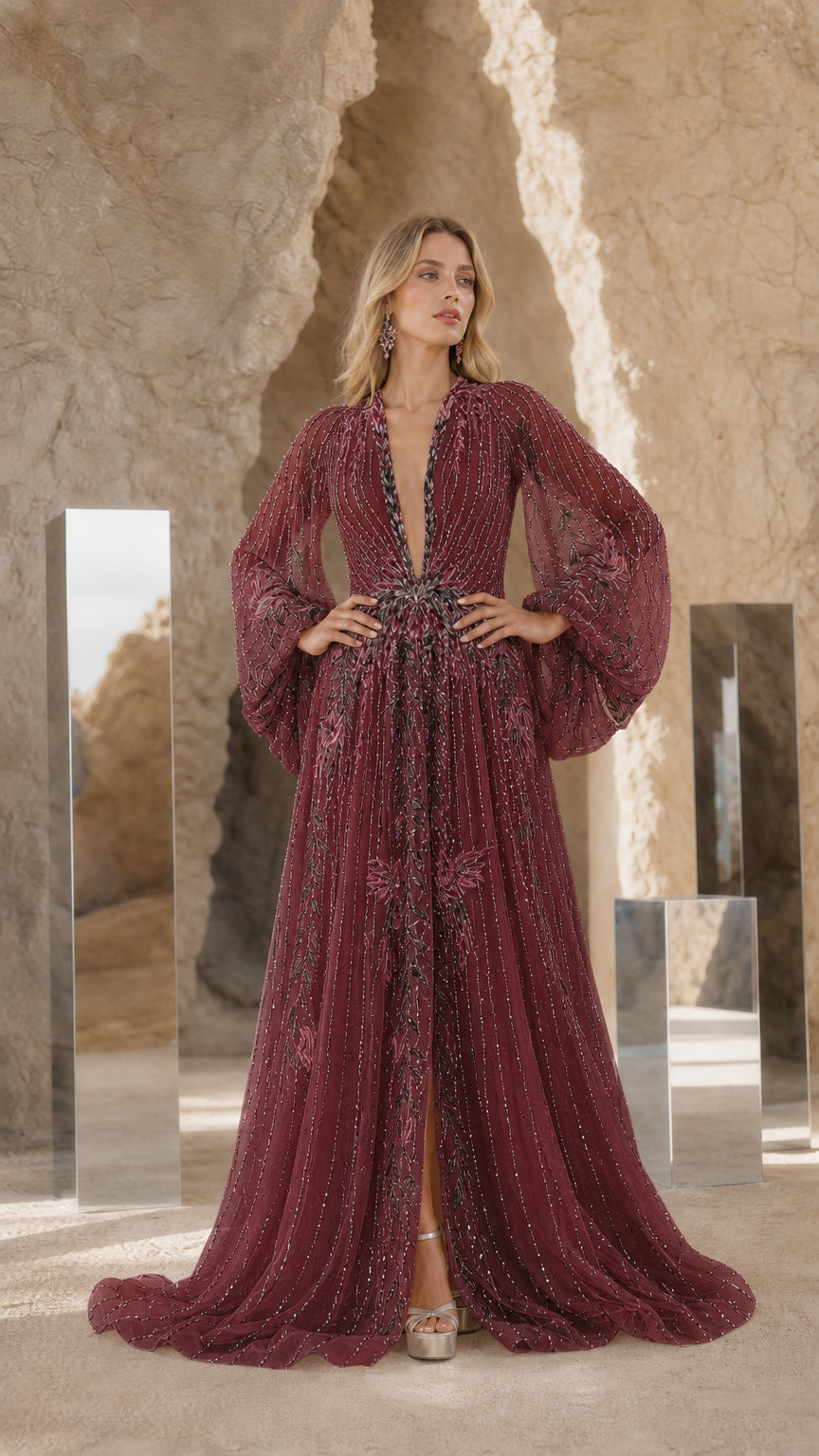 Front view of Burgundy embroidered beaded long sleeve evening gown