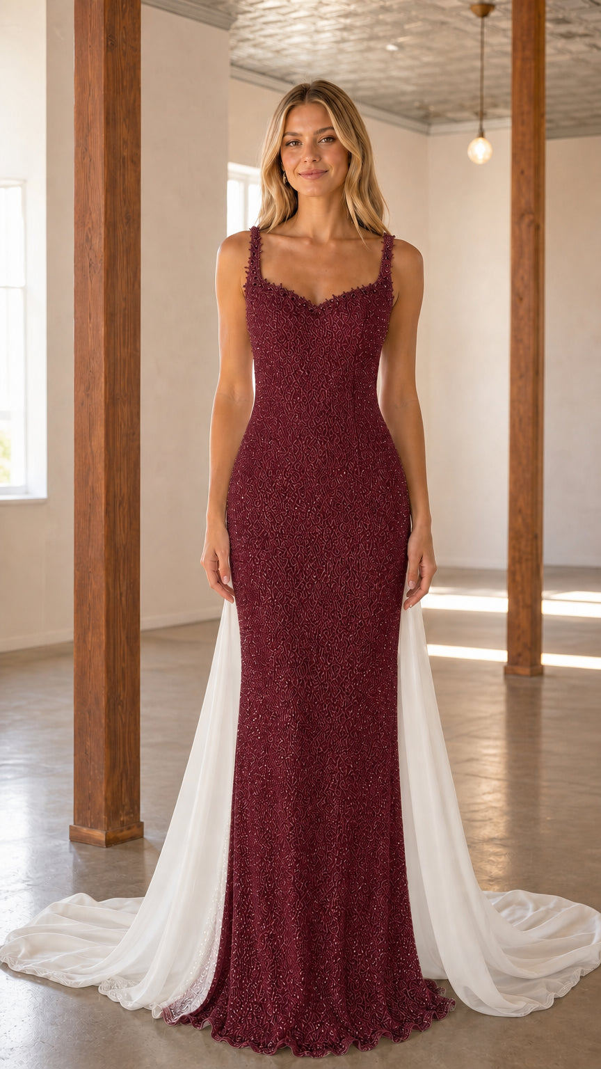 Front view of burgundy evening gown variant