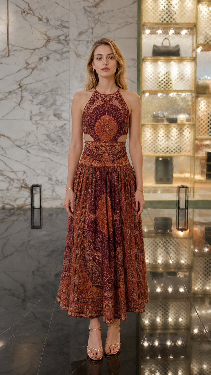Front view of Burgundy Multi paisley halter midi dress