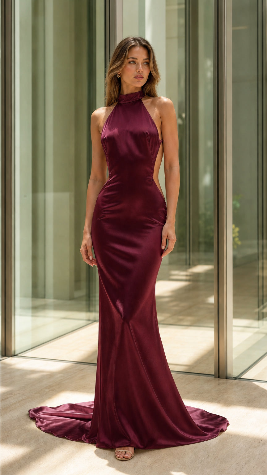 Full-length view of burgundy satin evening dress