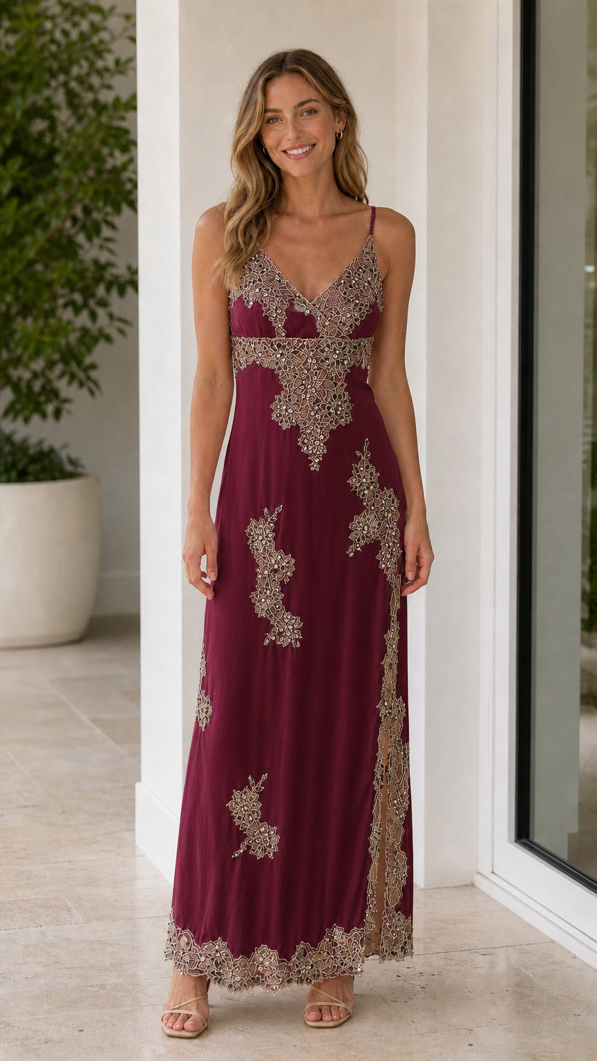 Front view of burgundy embroidered V-neck maxi dress