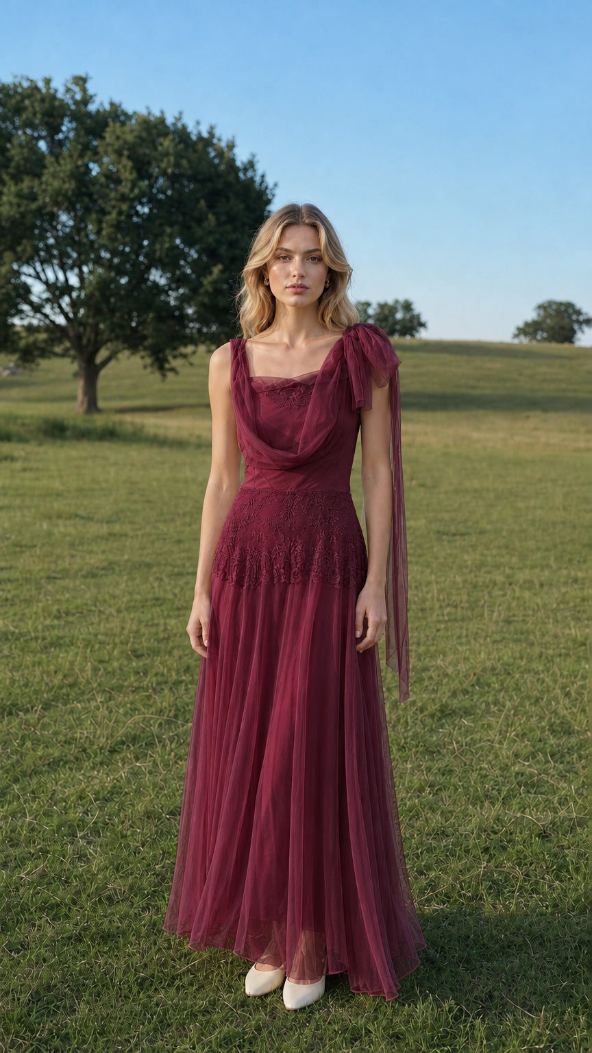 Front view of model wearing burgundy tulle maxi dress