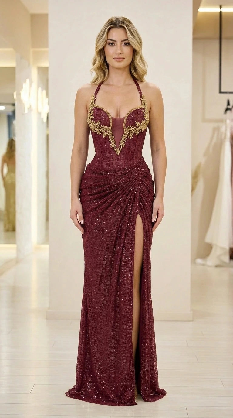 Front view of burgundy red glitter evening gown