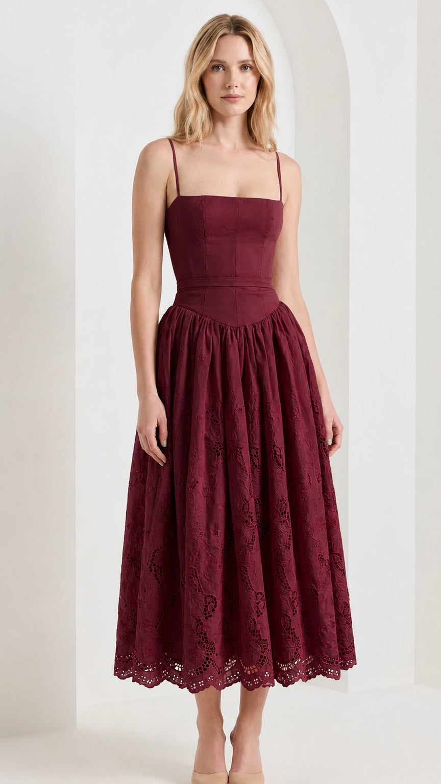 Front view of model wearing burgundy sleeveless square neck embroidered midi dress