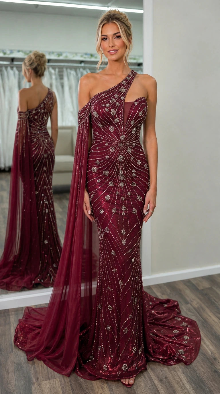 Front view of burgundy beaded evening dress with cape