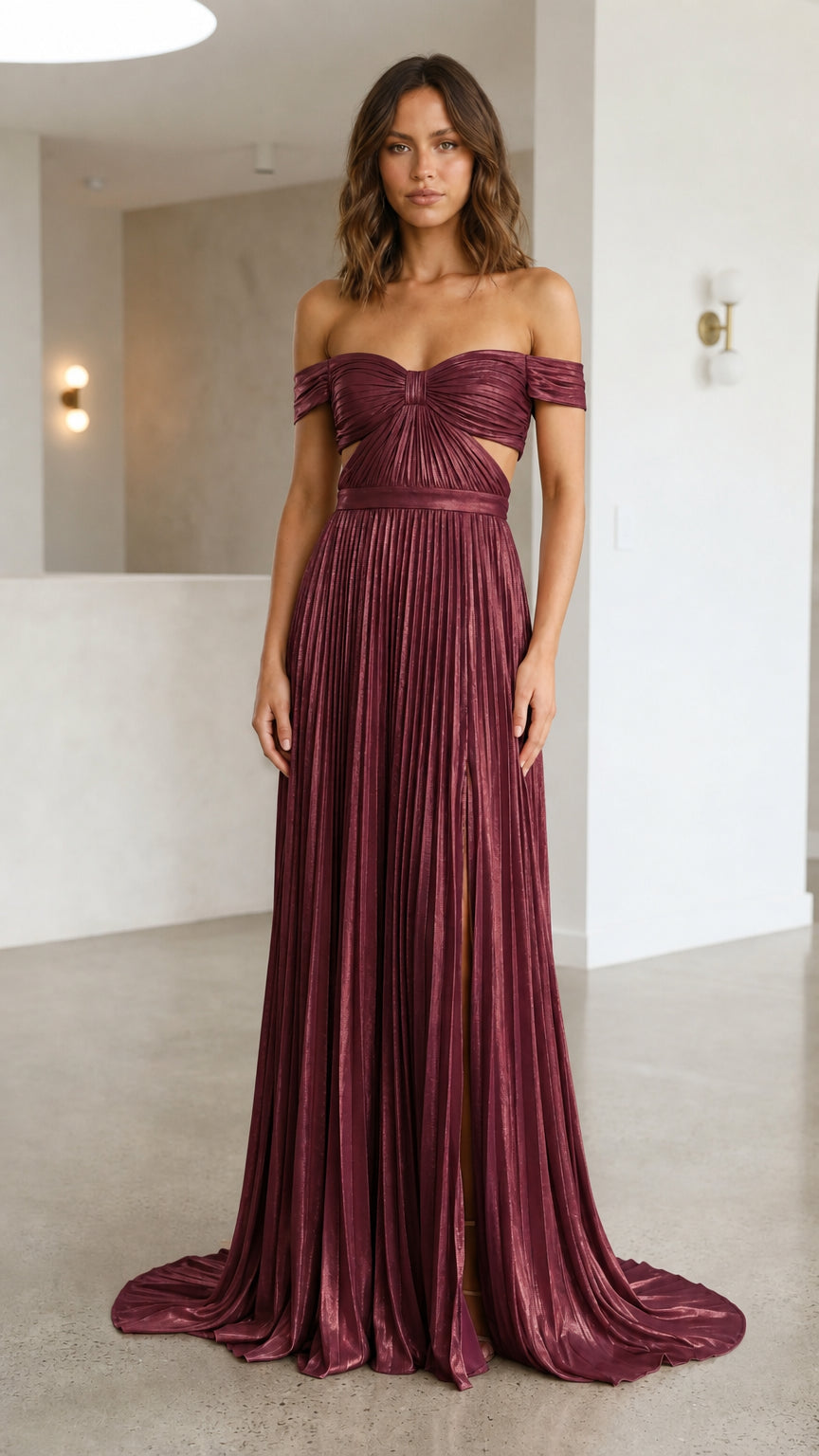 Front view of burgundy metallic off-shoulder maxi dress