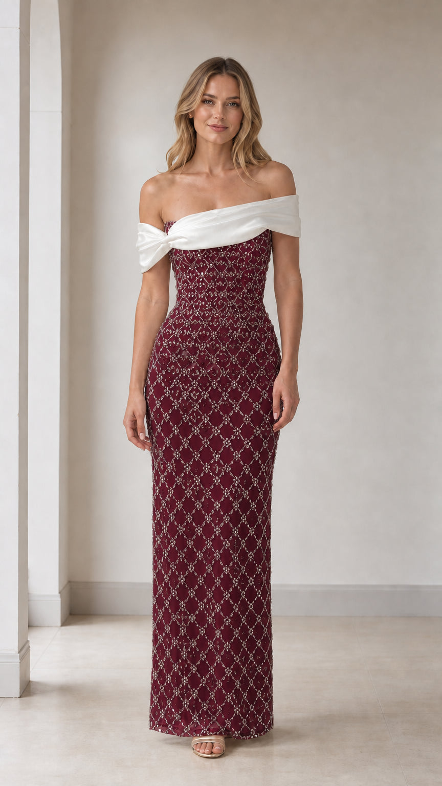 Front view of burgundy off-shoulder beaded evening gown