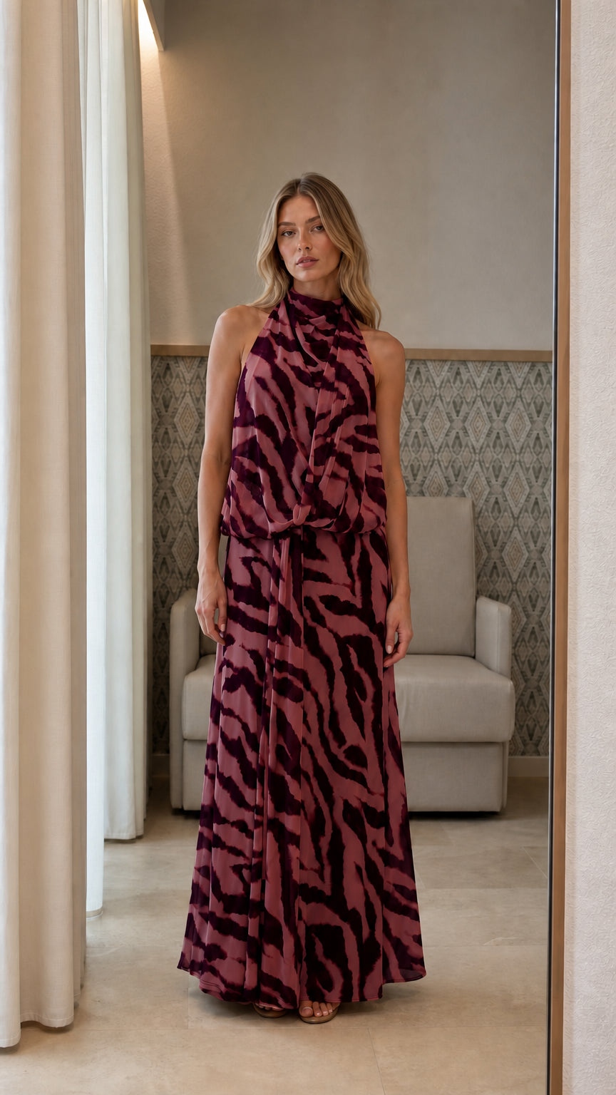 Front view of burgundy animal print maxi dress