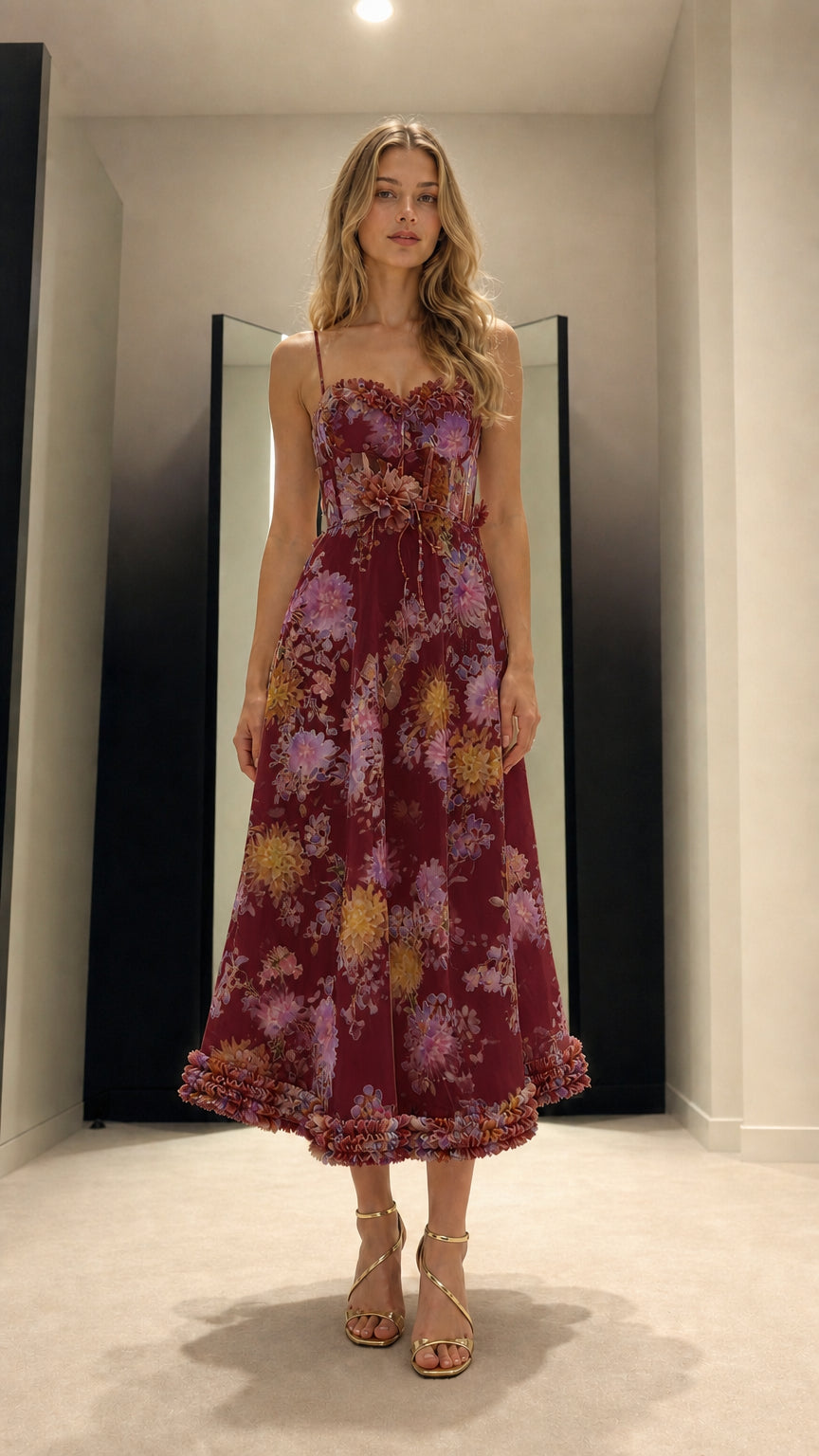 Full front view of burgundy floral corset midi dress