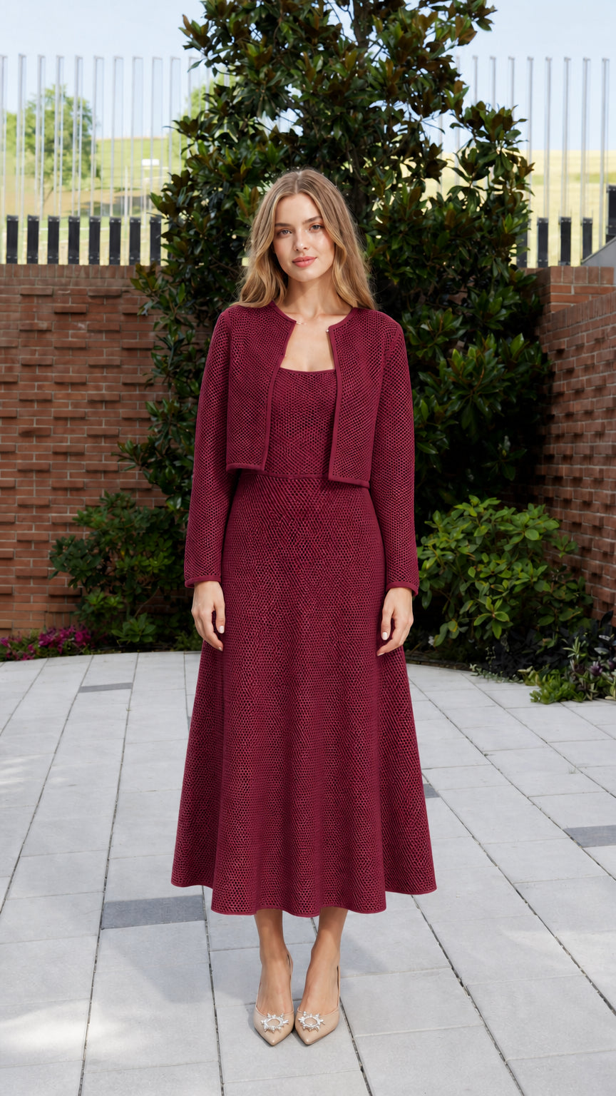 Full front view of model in burgundy knit matching set