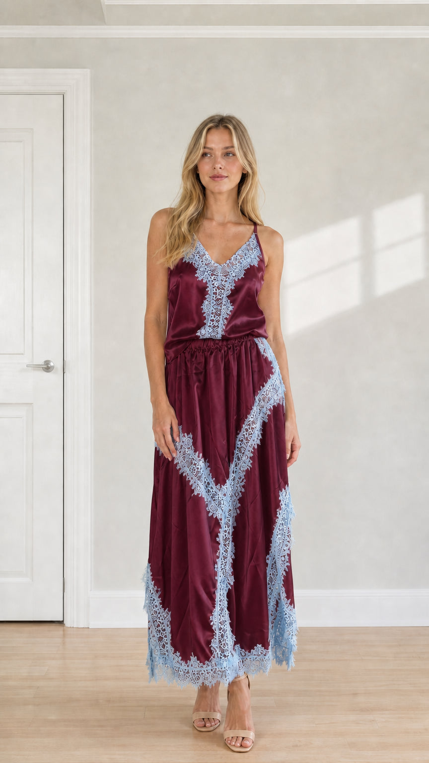 Full length front view of burgundy satin lace trim set