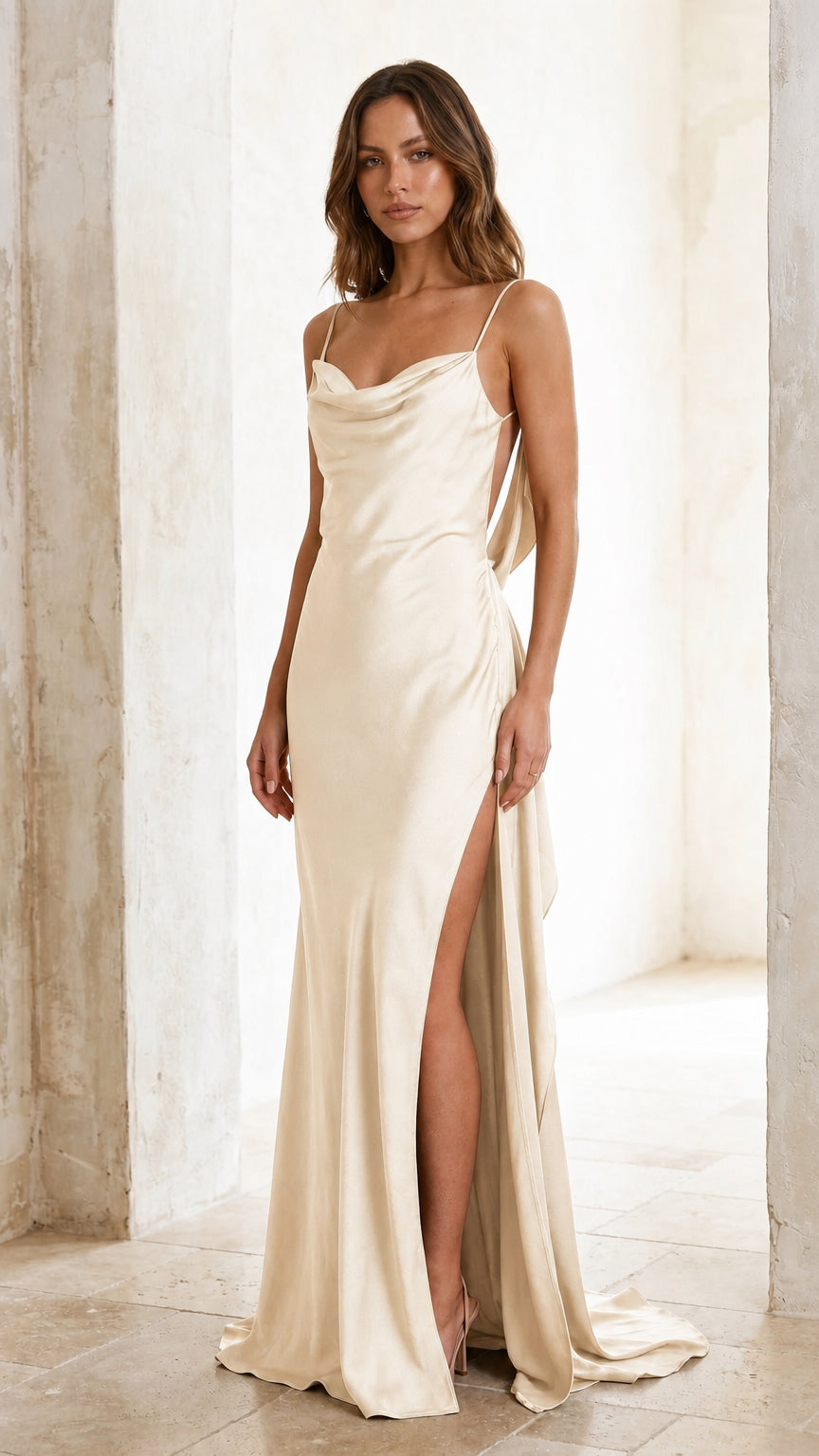 Front view of champagne satin maxi dress