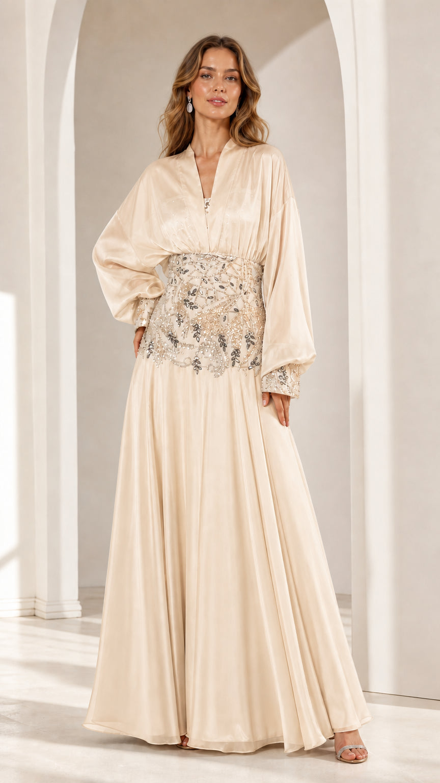 Full view of champagne embellished formal gown