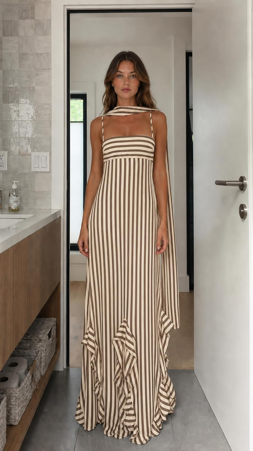 Model wearing beige striped maxi dress variant