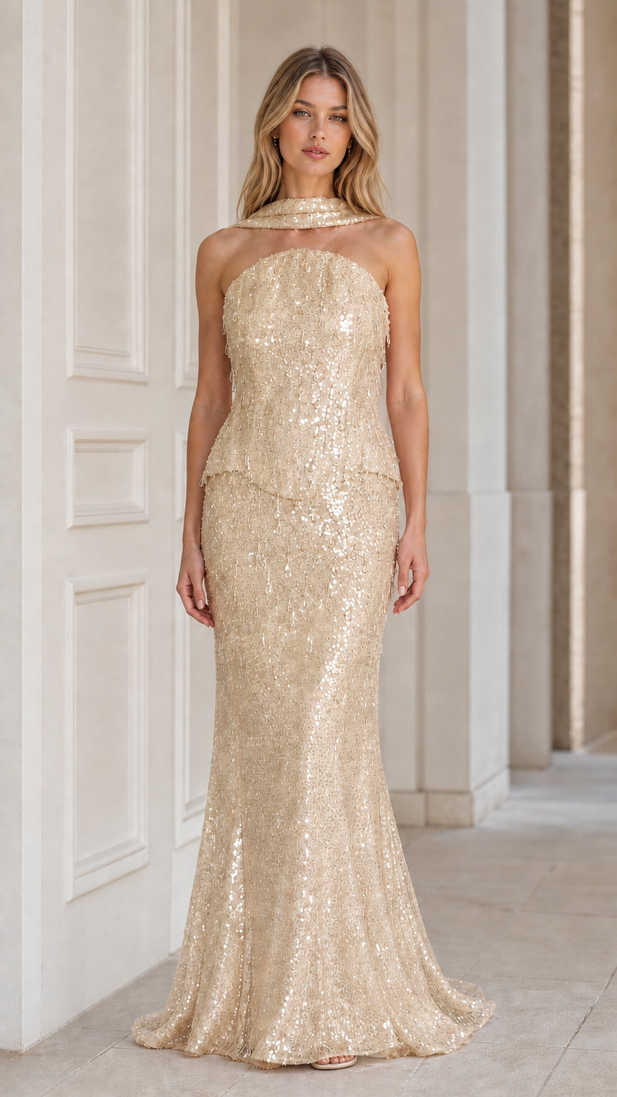 Front view of champagne gold sequin evening dress