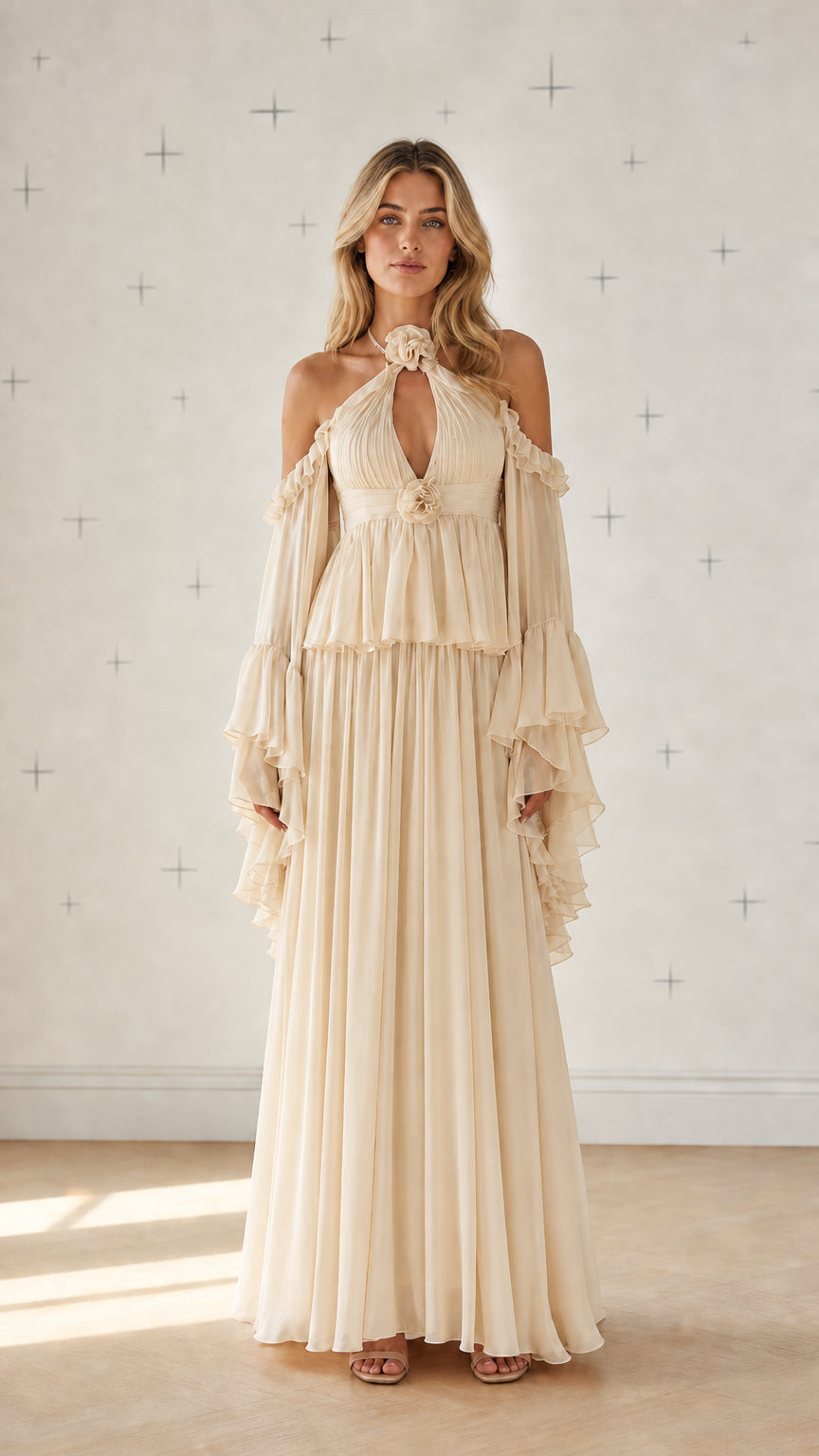 Front view of champagne beige cold-shoulder pleated maxi dress