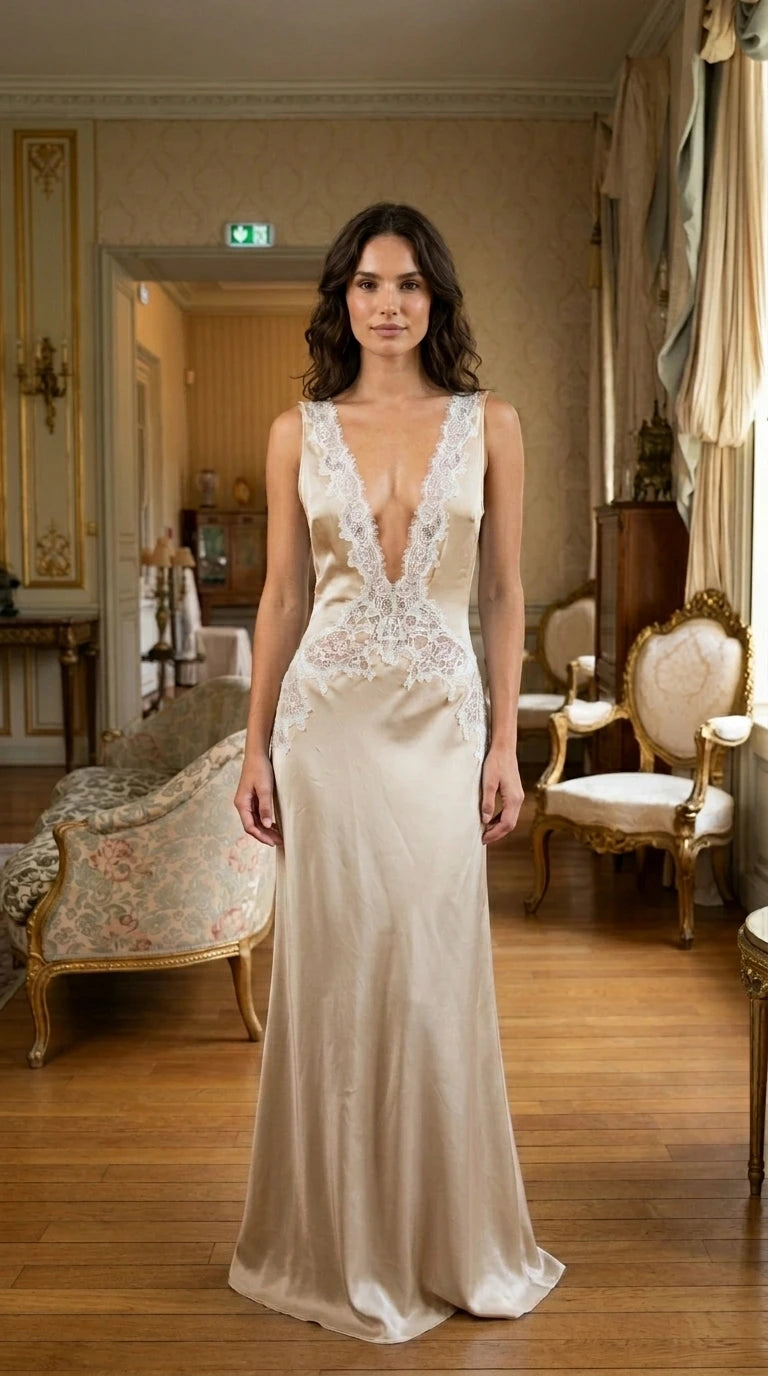 Front view of champagne satin maxi dress with lace trim