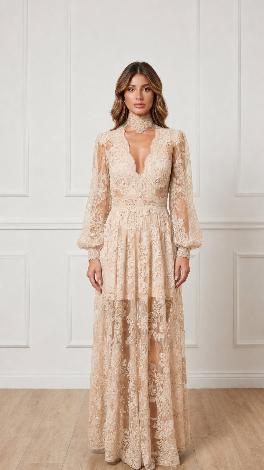 Front view of champagne sheer lace maxi dress