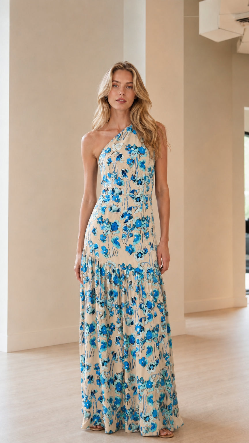 Front view of model wearing cream floral one-shoulder maxi dress