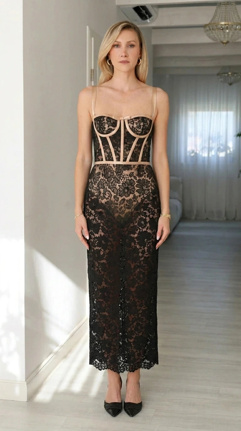 Front view of woman wearing nude and black corset midi dress