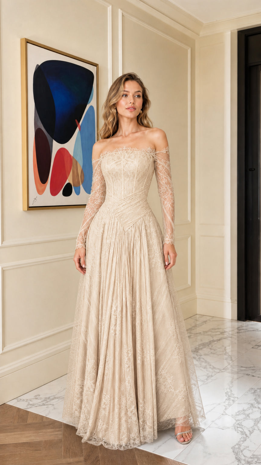 Front view of champagne off-shoulder lace evening gown