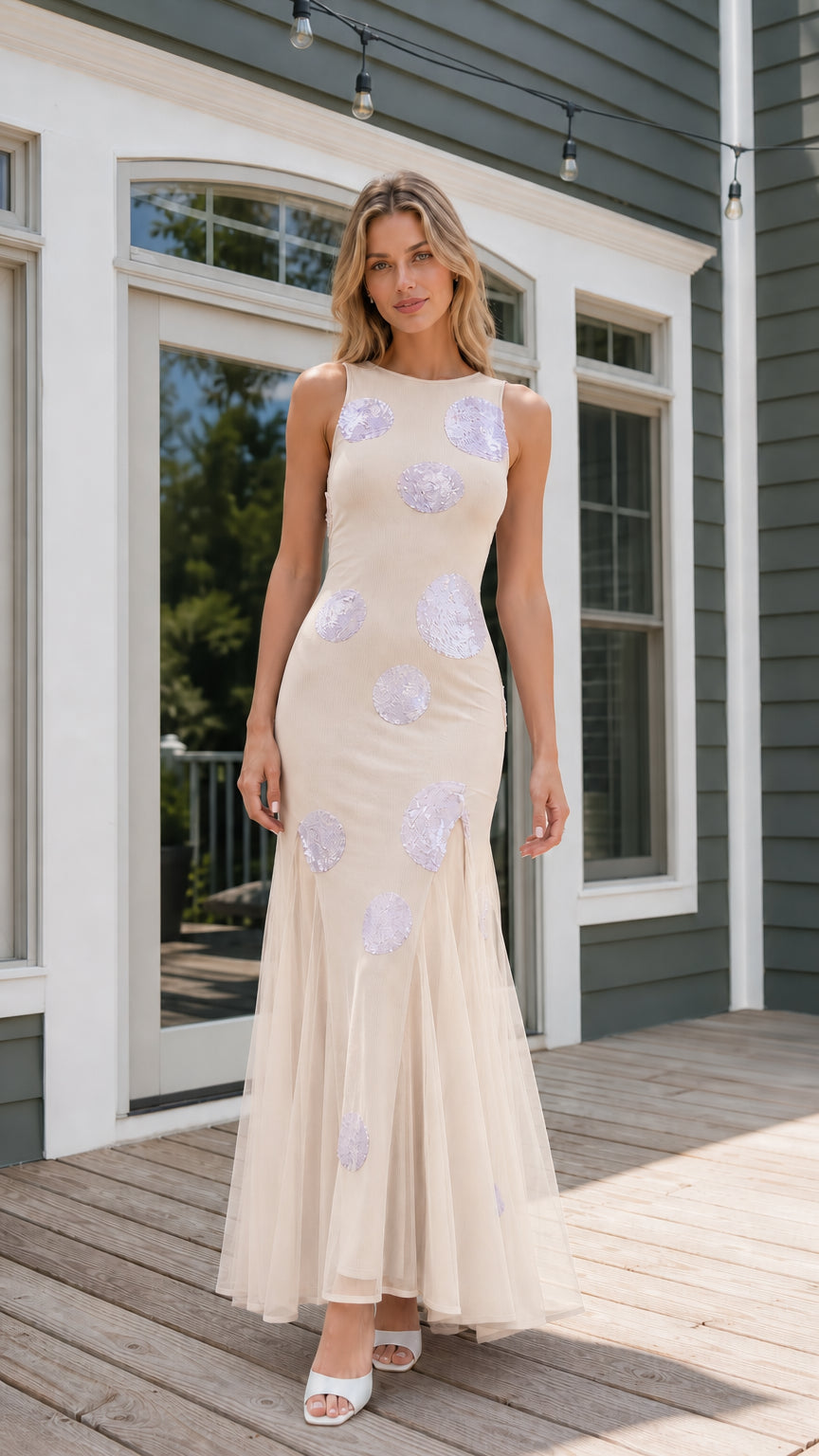 Champagne color variant of sequin polka dot maxi dress