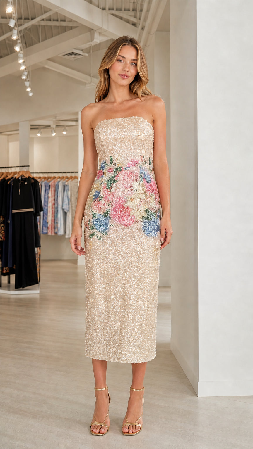 Model wearing champagne floral sequin strapless midi dress