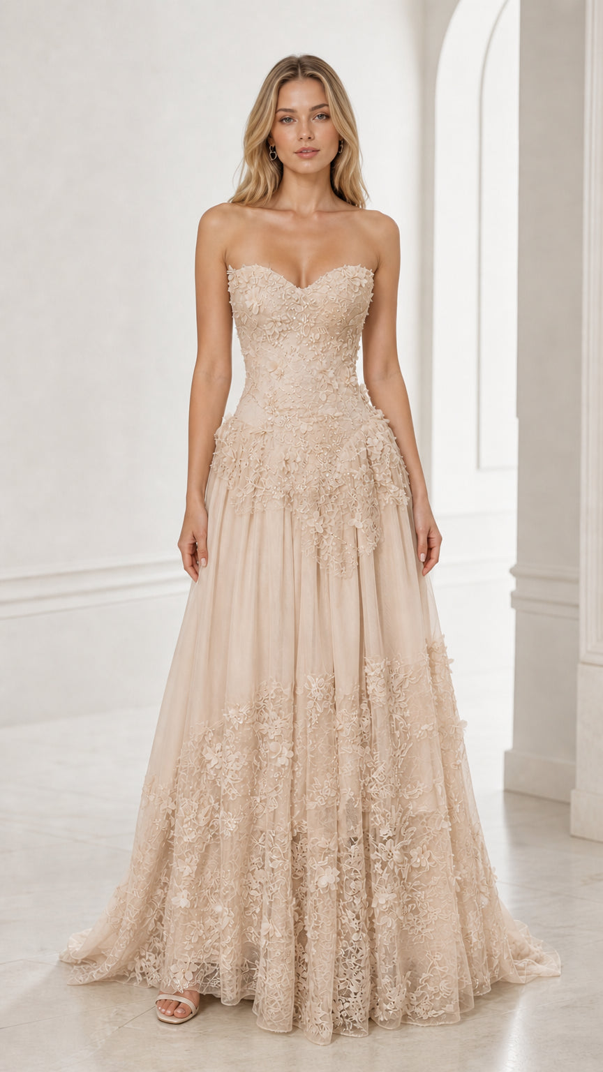 Front view of champagne strapless floral applique ball gown