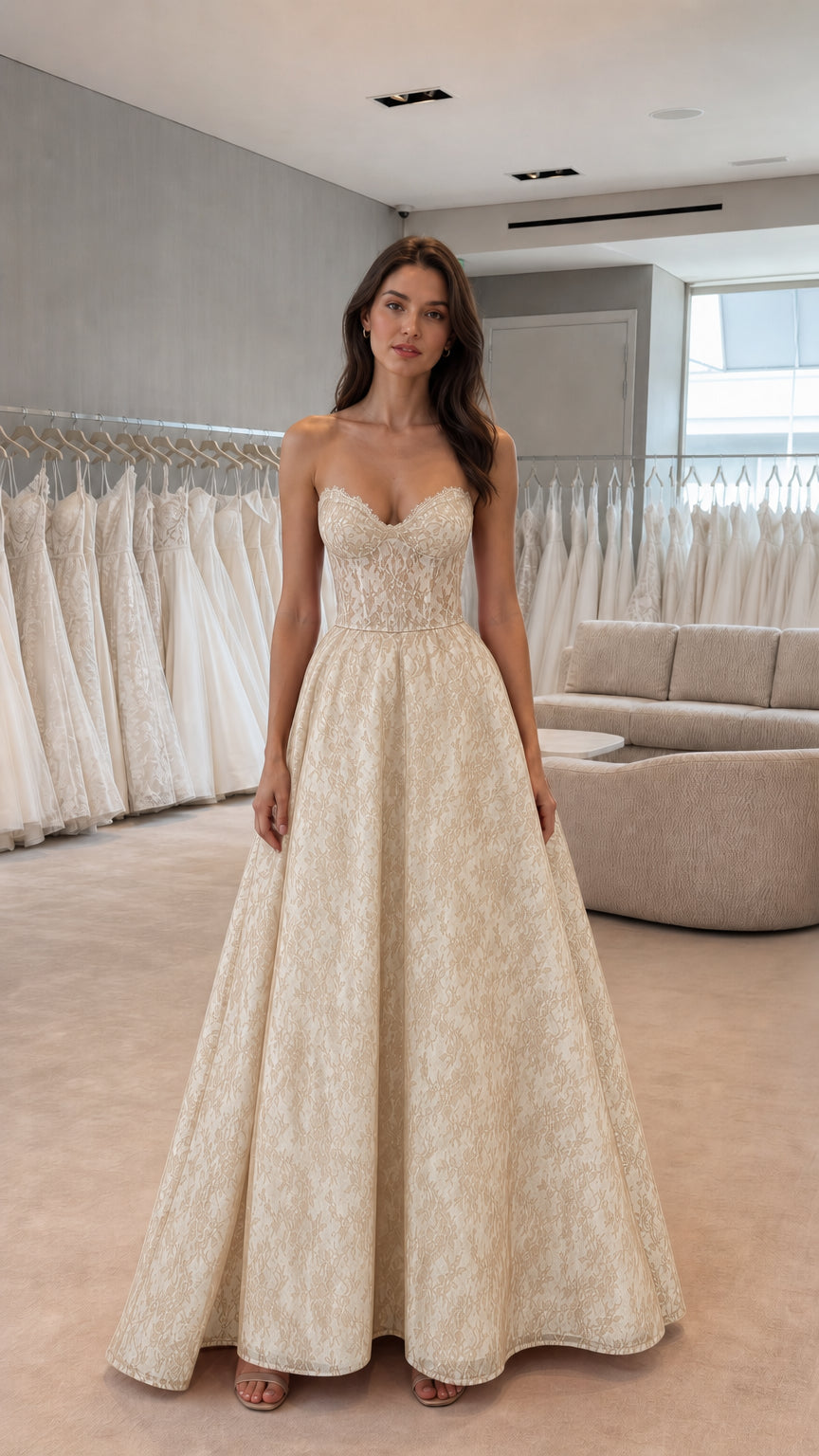 Front view of champagne strapless lace evening gown