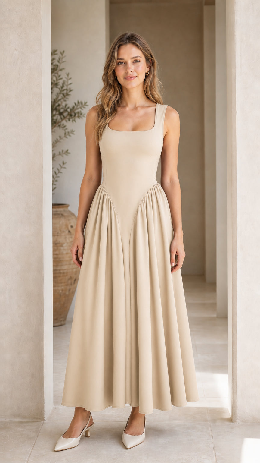 Front full view of woman wearing beige maxi dress