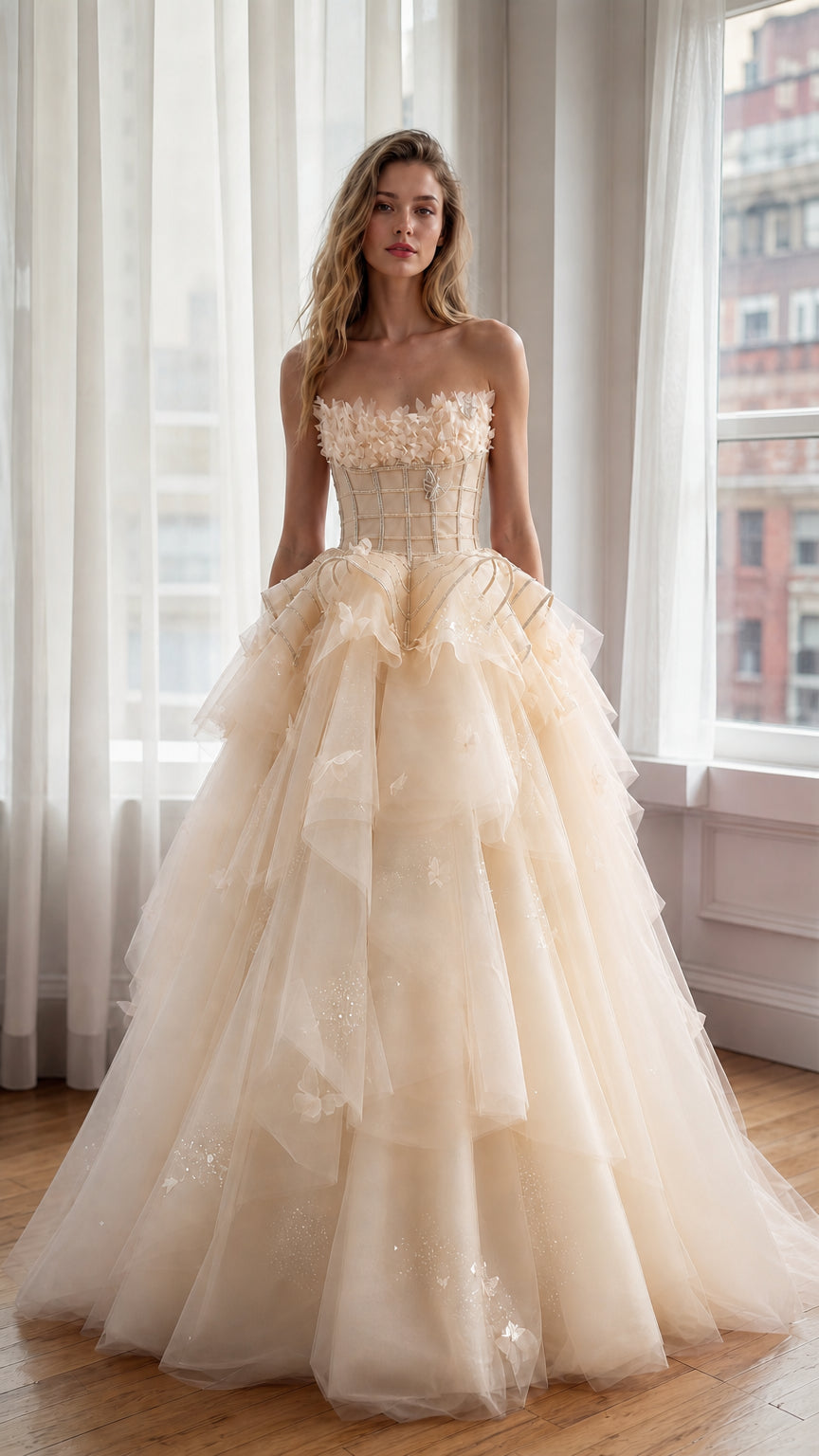Champagne Tulle Ball Gown Front View