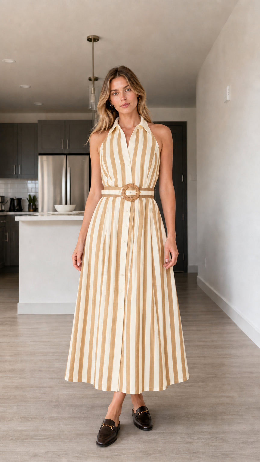Full front view of yellow and white striped halter midi dress