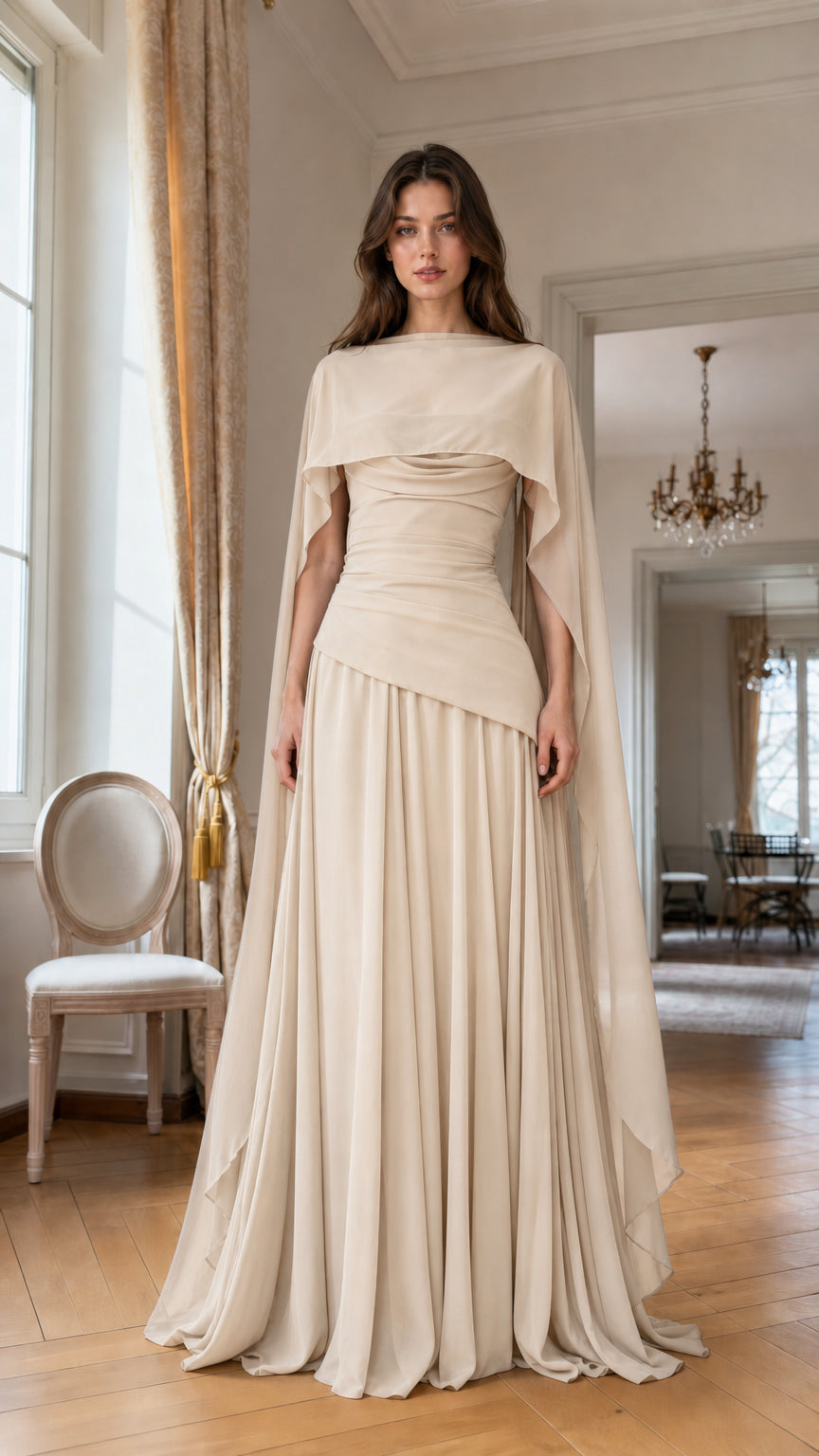 Full front view of Champagne chiffon evening dress