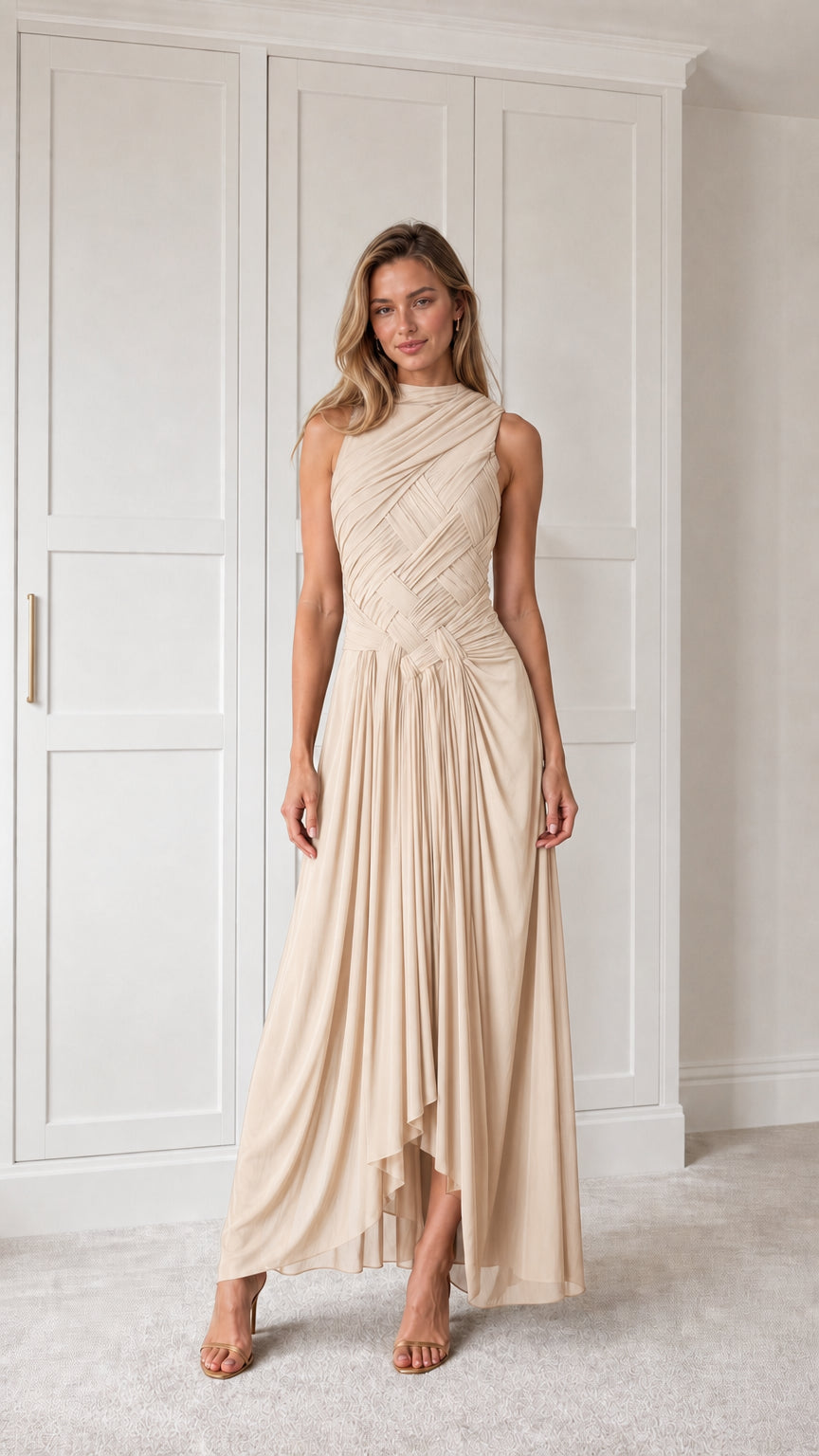 Front view of champagne pleated maxi dress
