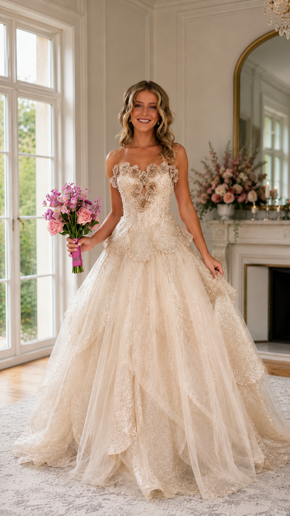 Front full-length view of champagne formal ball gown with layered tulle volume