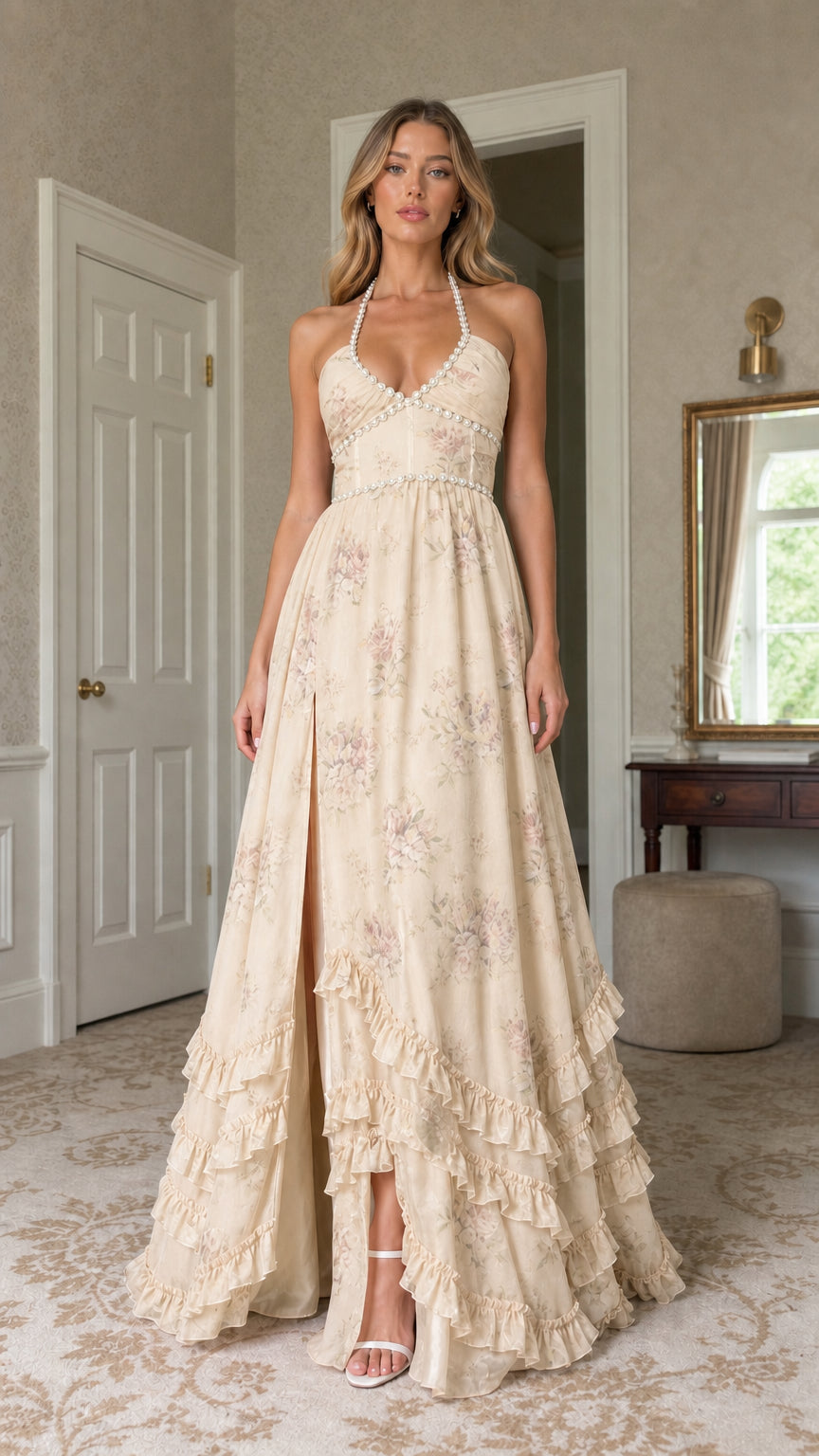 Model wearing beige floral print pearl-trimmed halter maxi dress