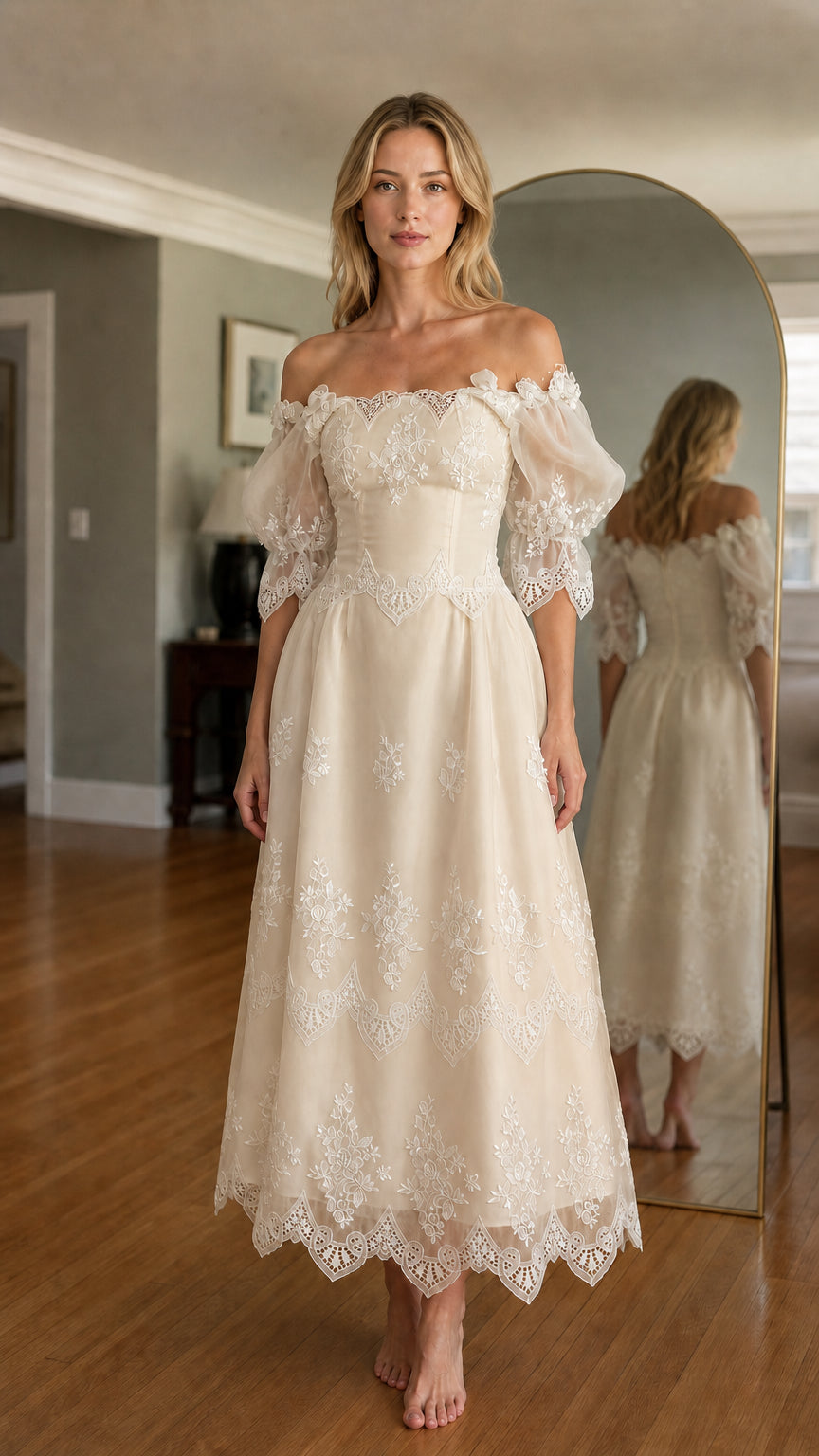 Woman wearing champagne off-shoulder embroidered midi dress