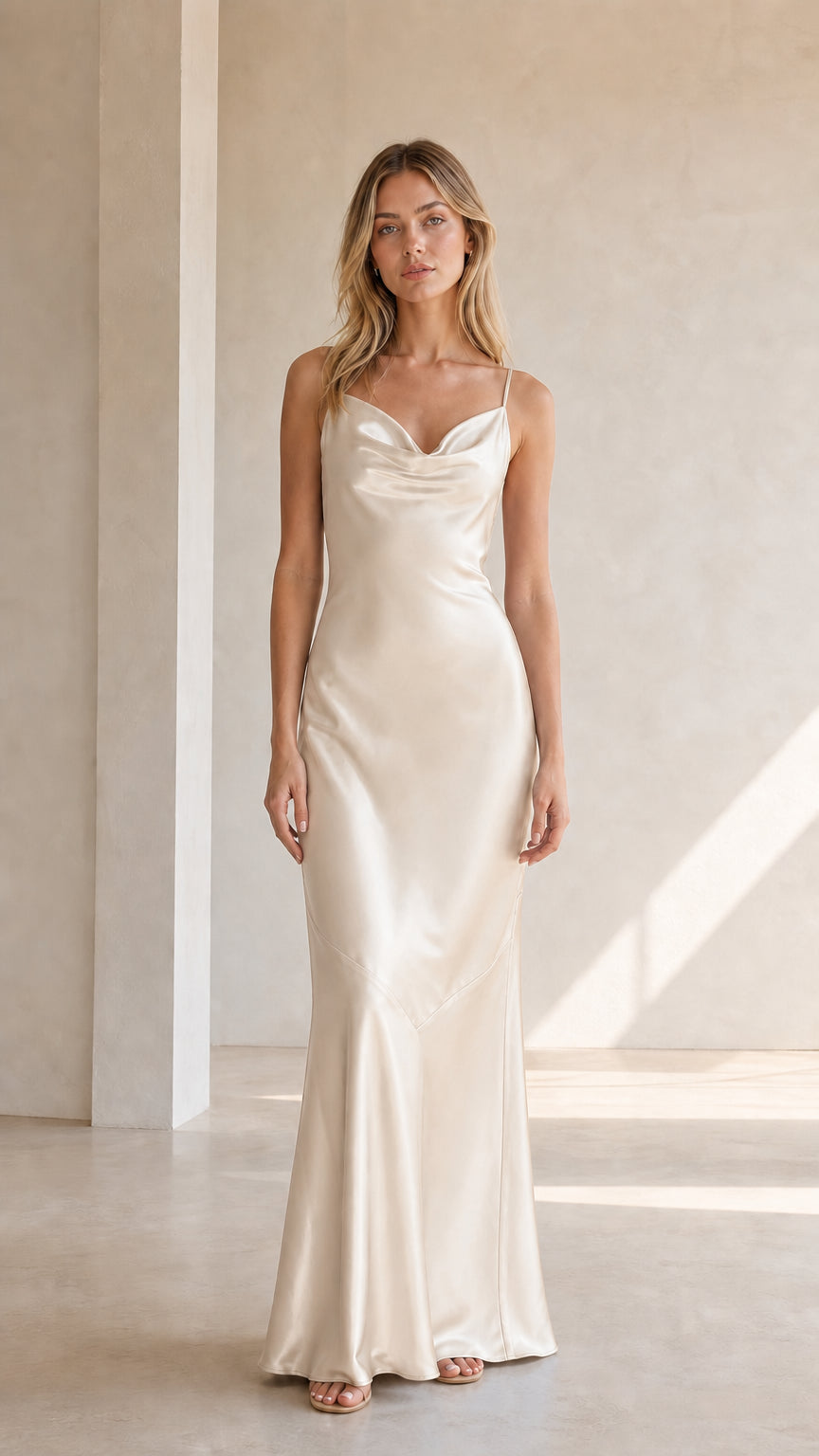 Front view of model wearing champagne satin cowl neck maxi dress