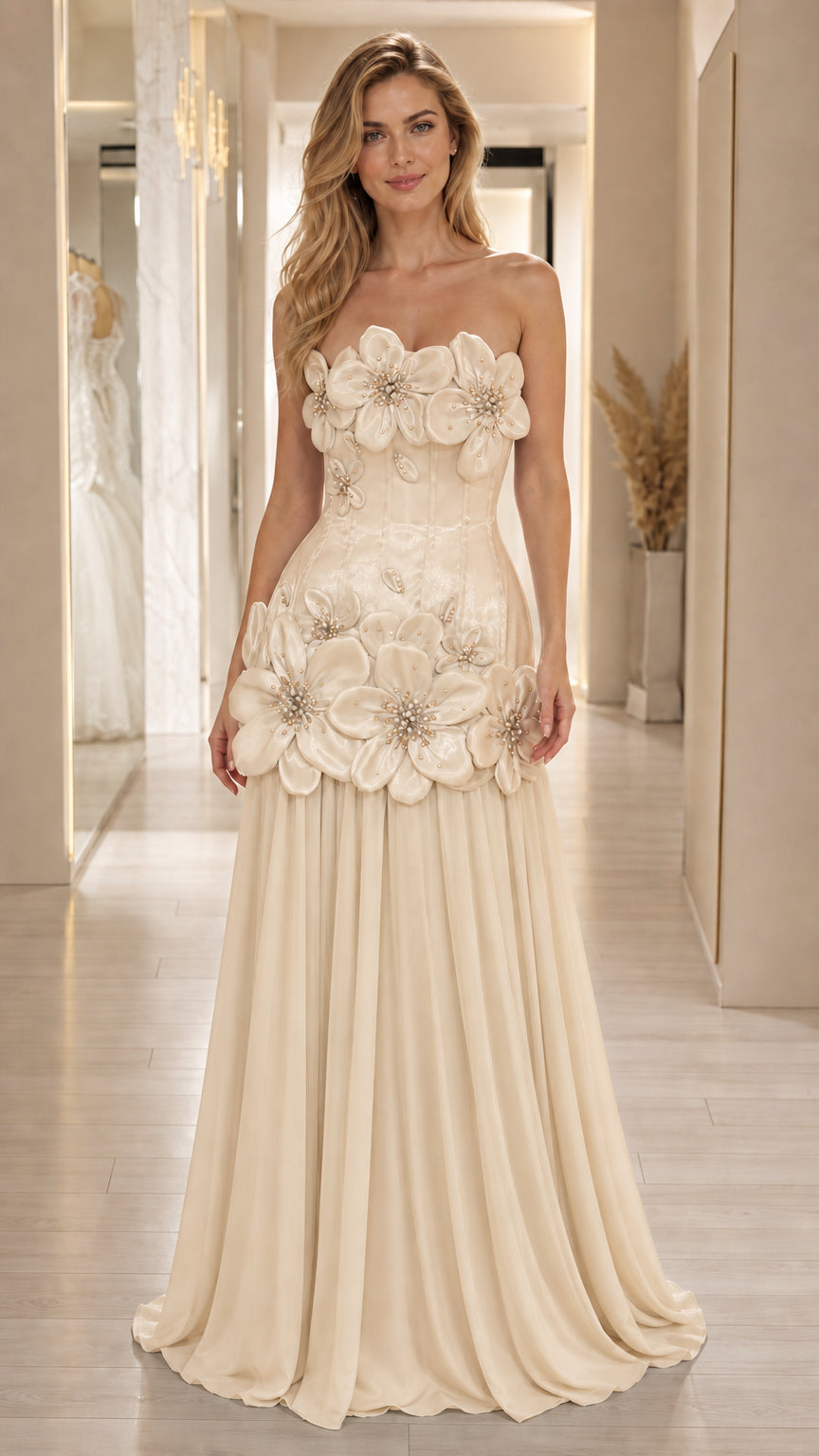 Front view of champagne 3D floral strapless evening gown
