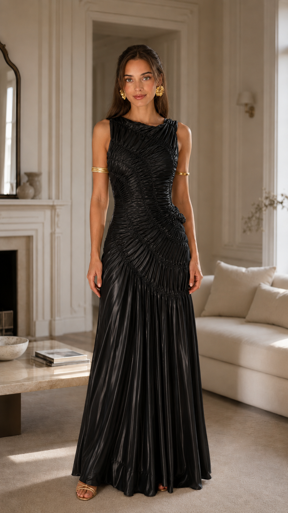 Front view of black ruched sleeveless satin-look mermaid maxi evening gown