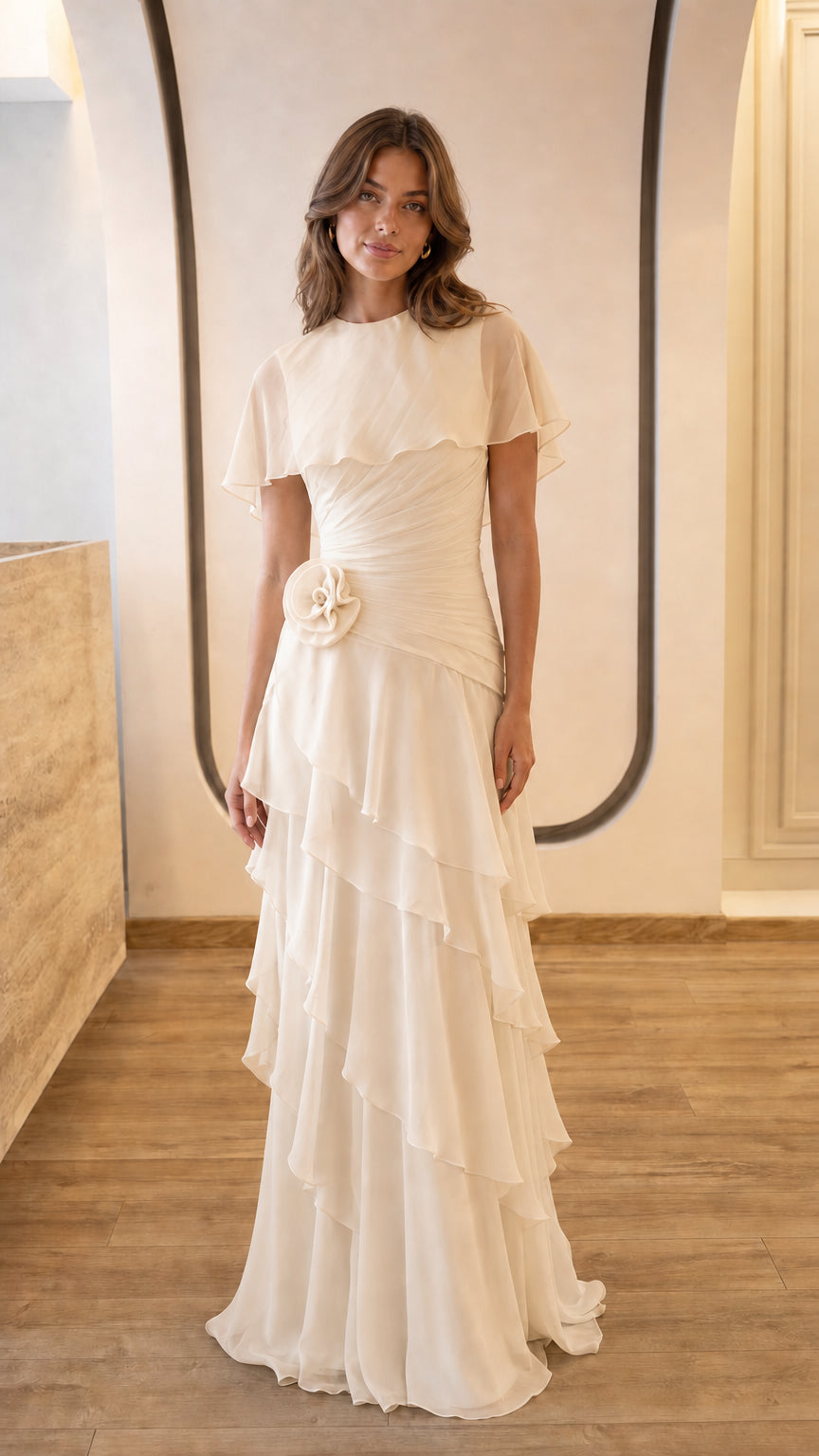 Full view of champagne formal chiffon maxi dress