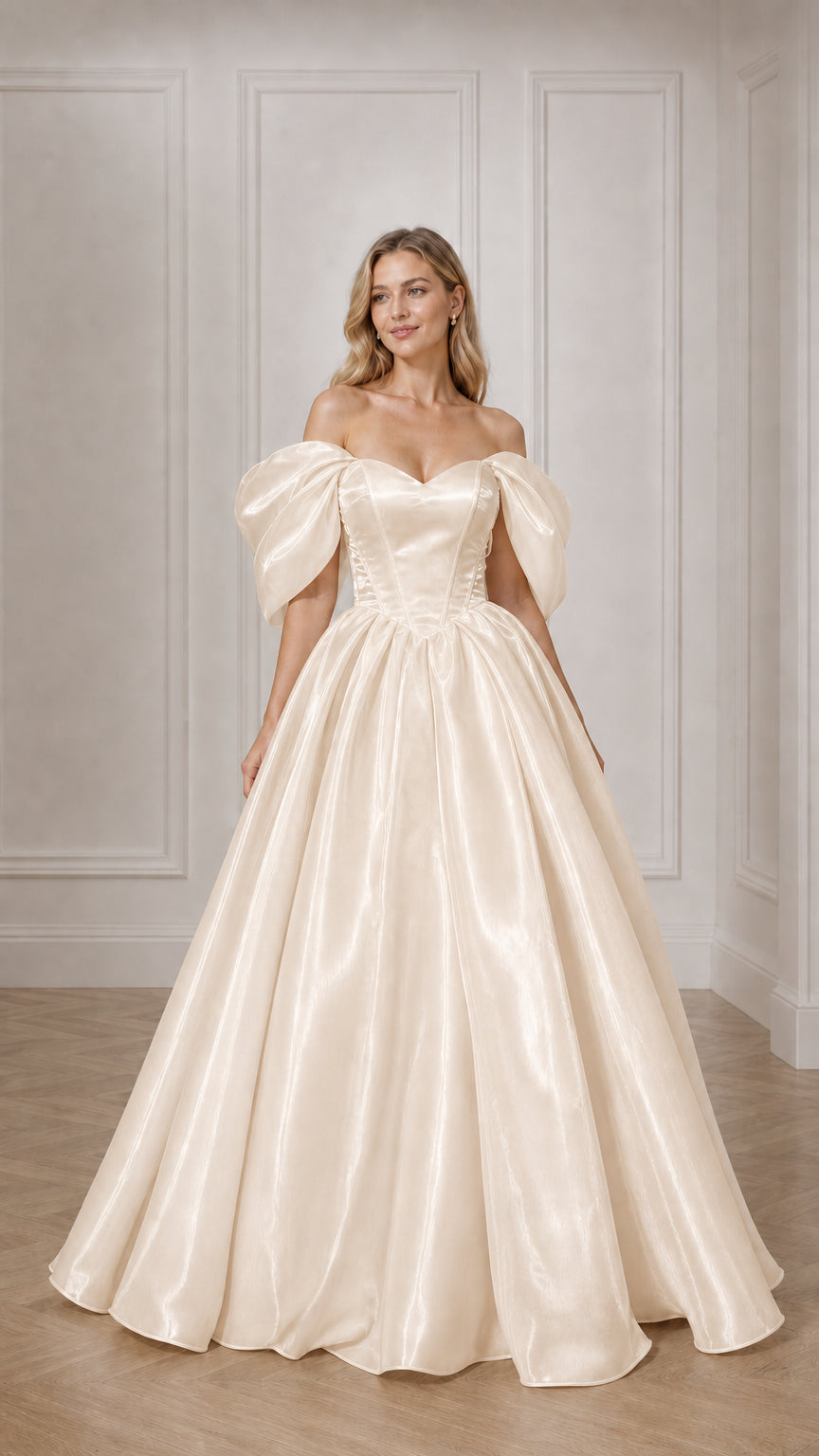 Full view of woman in champagne off-the-shoulder satin ball gown
