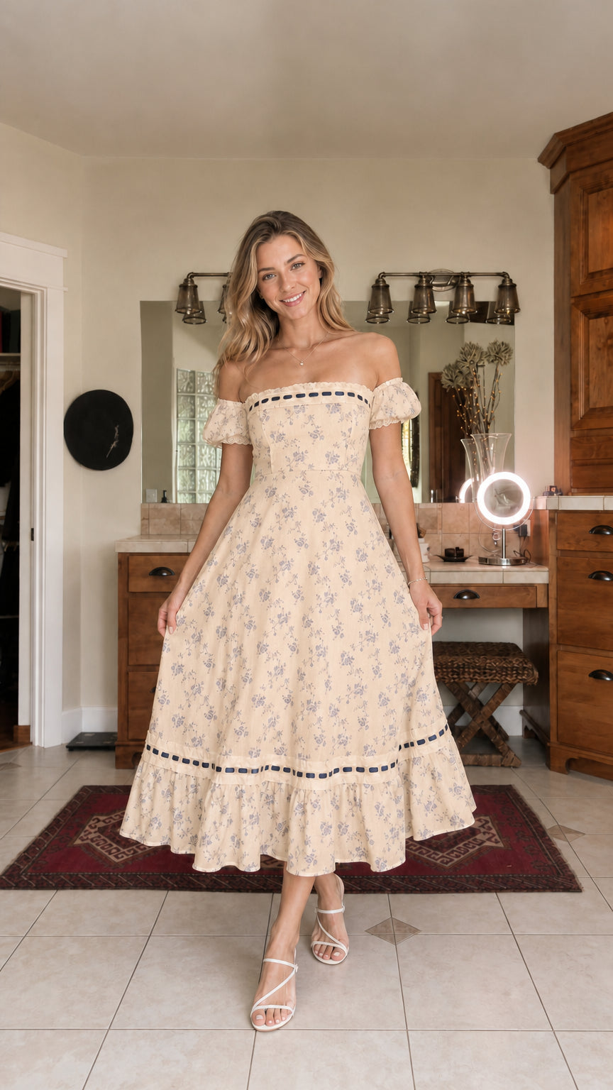 Woman wearing beige floral off-the-shoulder midi dress