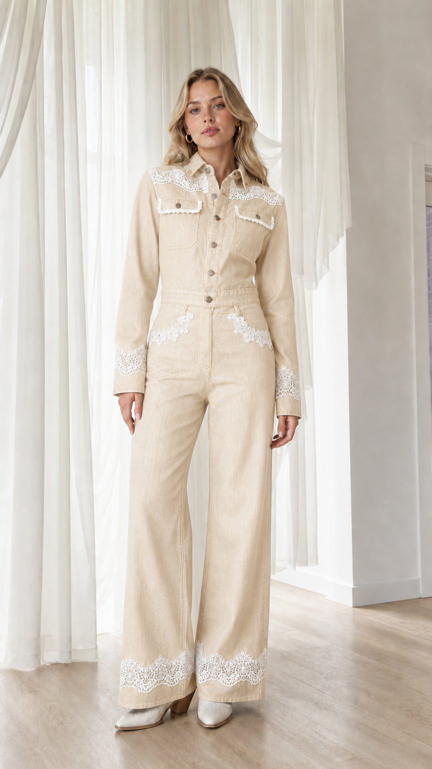 Model wearing beige western lace trim denim jumpsuit