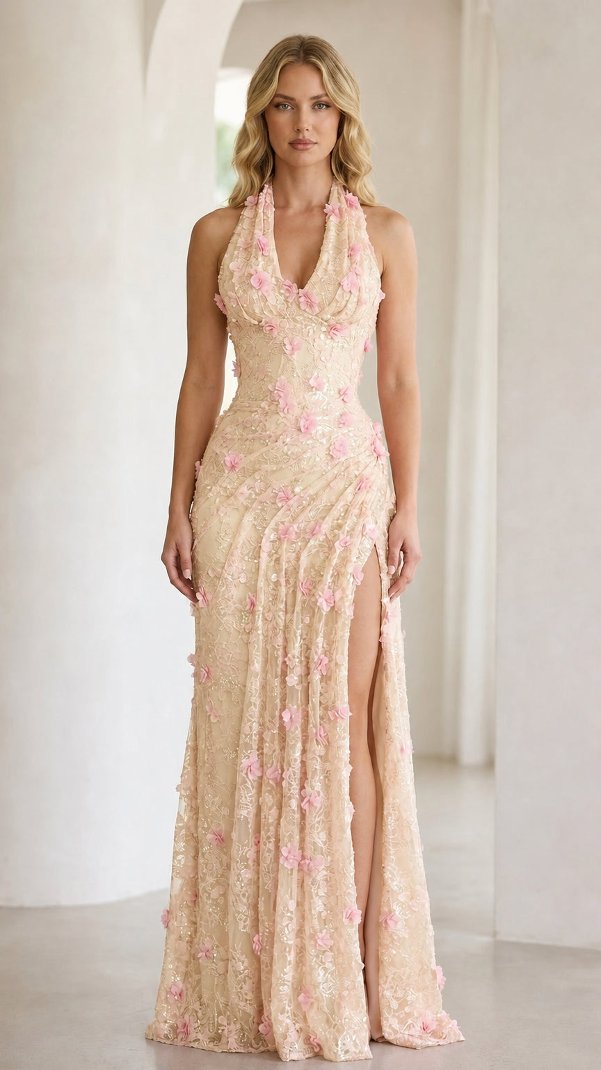 Front view of champagne beige halter floral applique evening gown