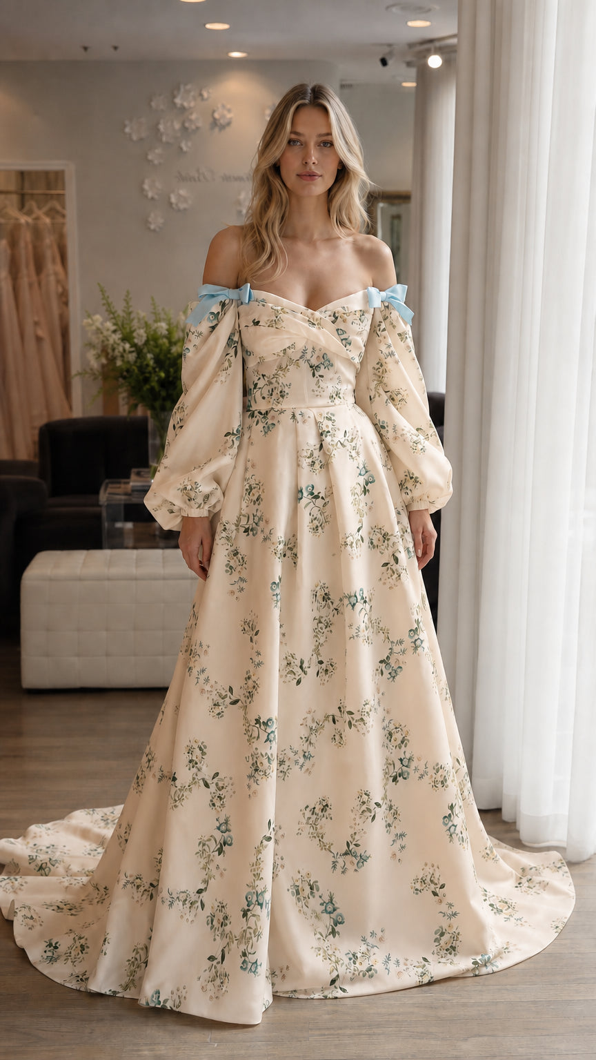 Woman wearing champagne floral off-shoulder maxi dress