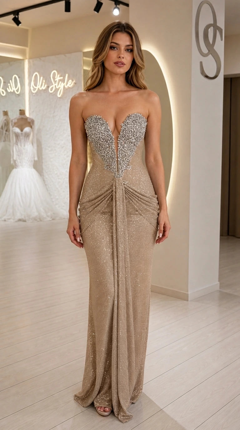 Front view of model wearing champagne strapless sequin evening dress