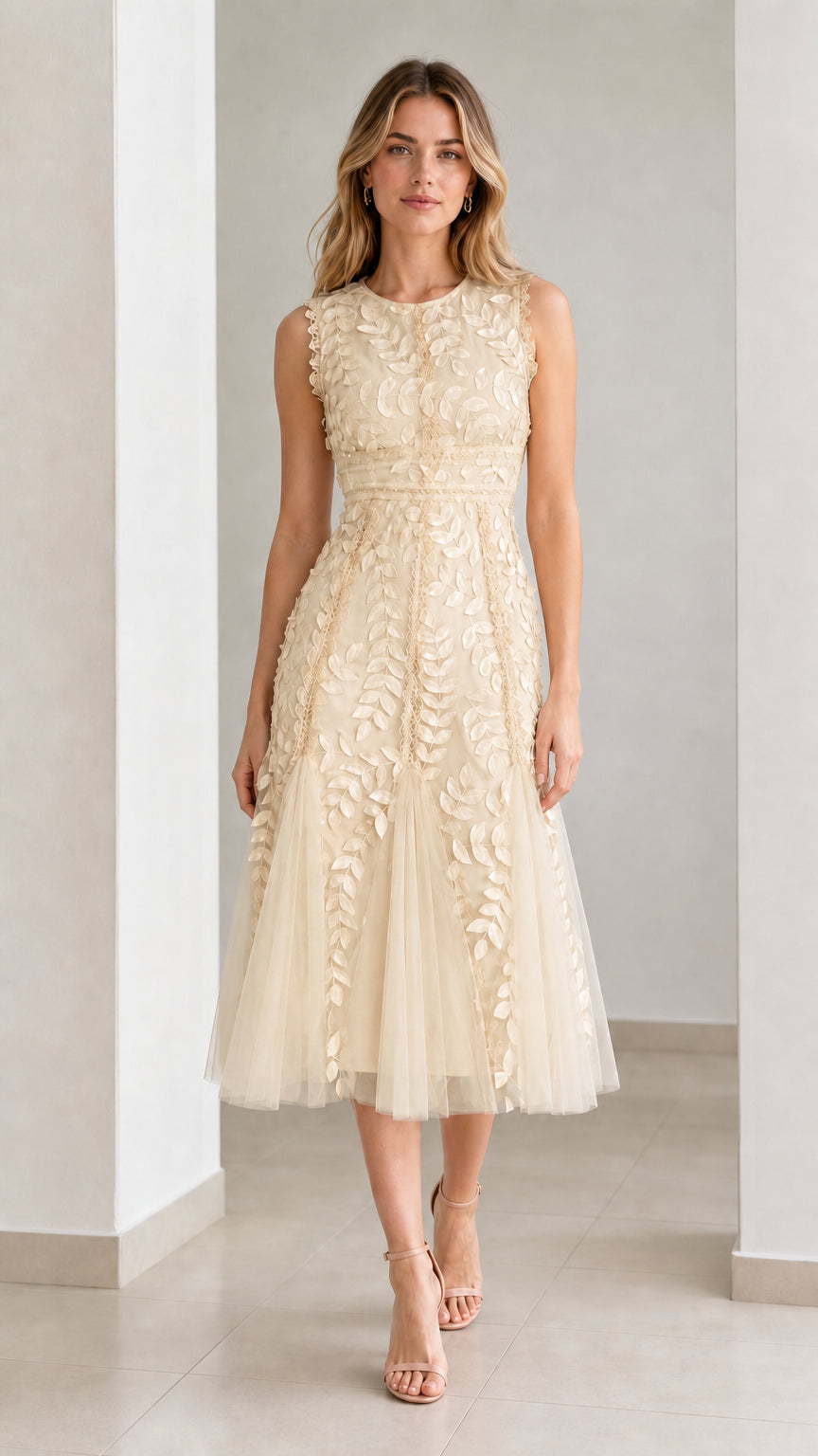 Front view of model wearing champagne embroidered leaf applique midi dress