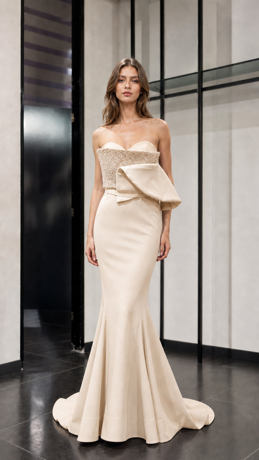 Front view of champagne evening gown variant